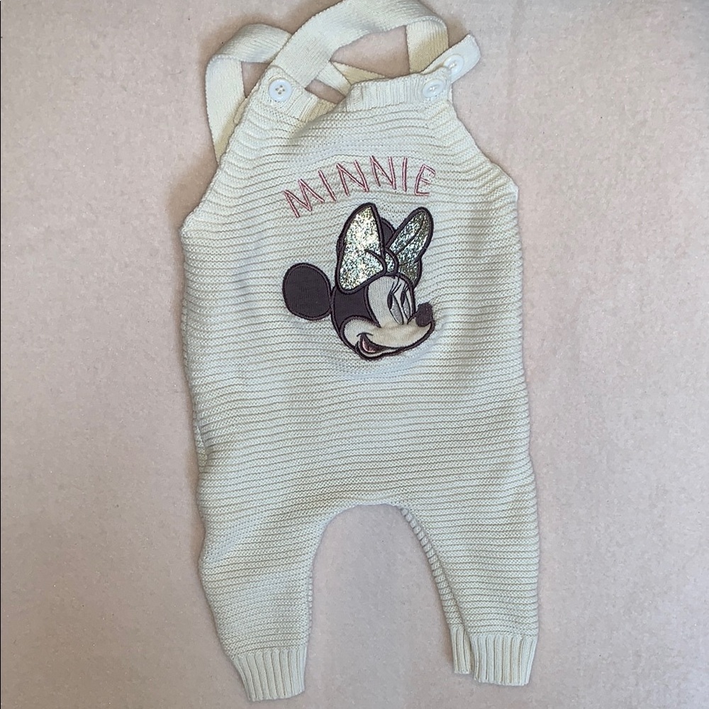Disney Baby Minnie Mouse Crochet Cream Jumpsuit Overalls Outfit Size 6/8 months